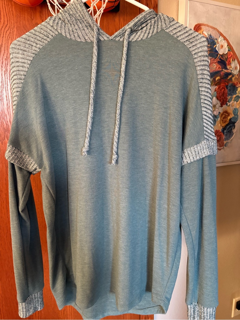 Staccato Heather Teal Raglan Hoodie with Striped Trim